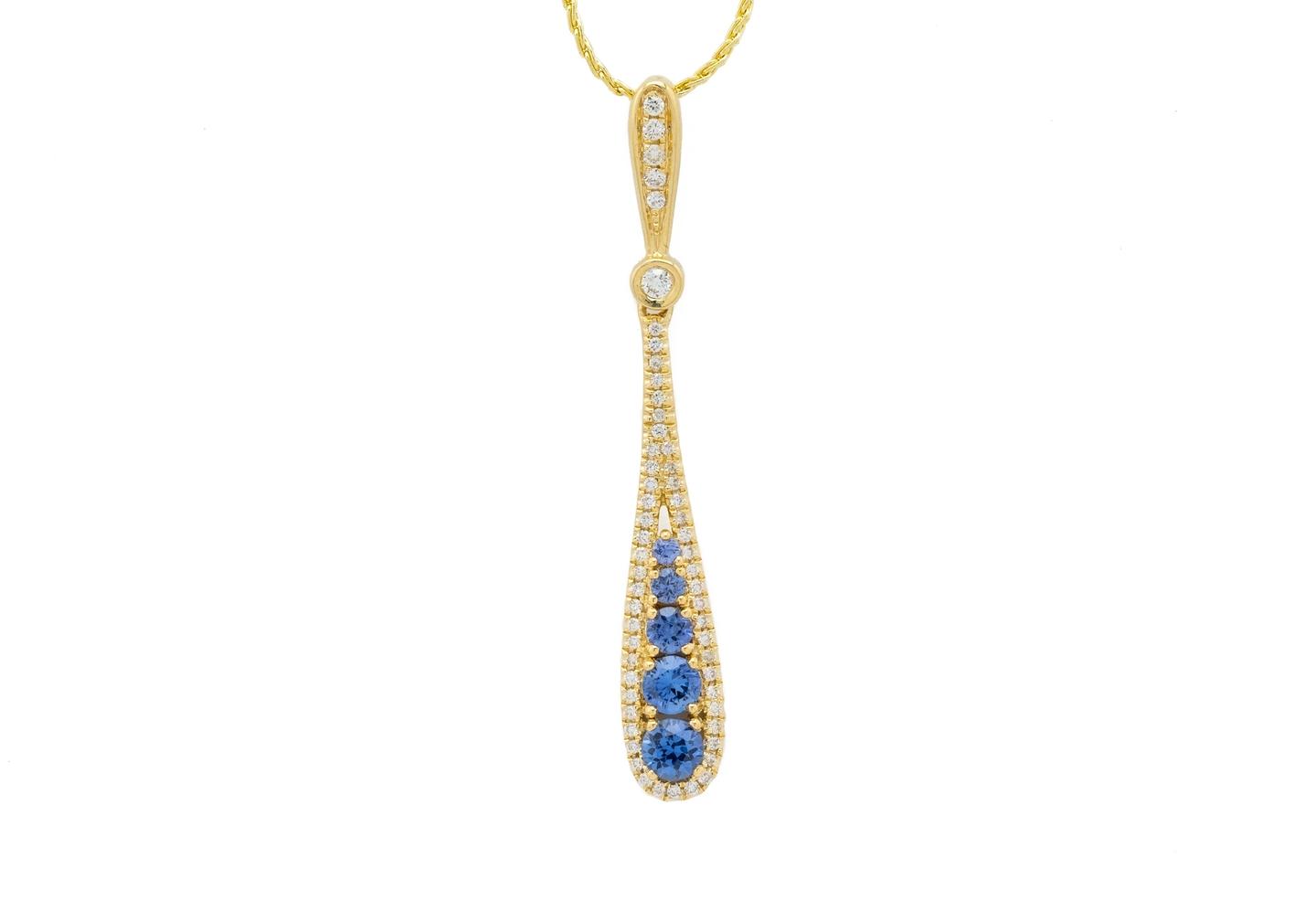 14K Yogo Sapphire and Diamond Drop Pendant Necklace