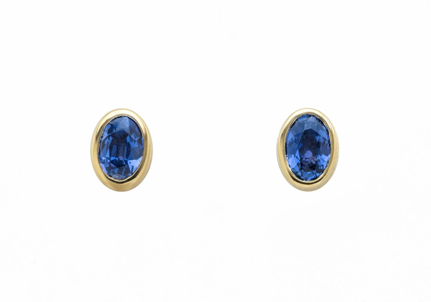 14K Oval Cut Yogo Sapphire Bezel-Set Stud Earrings