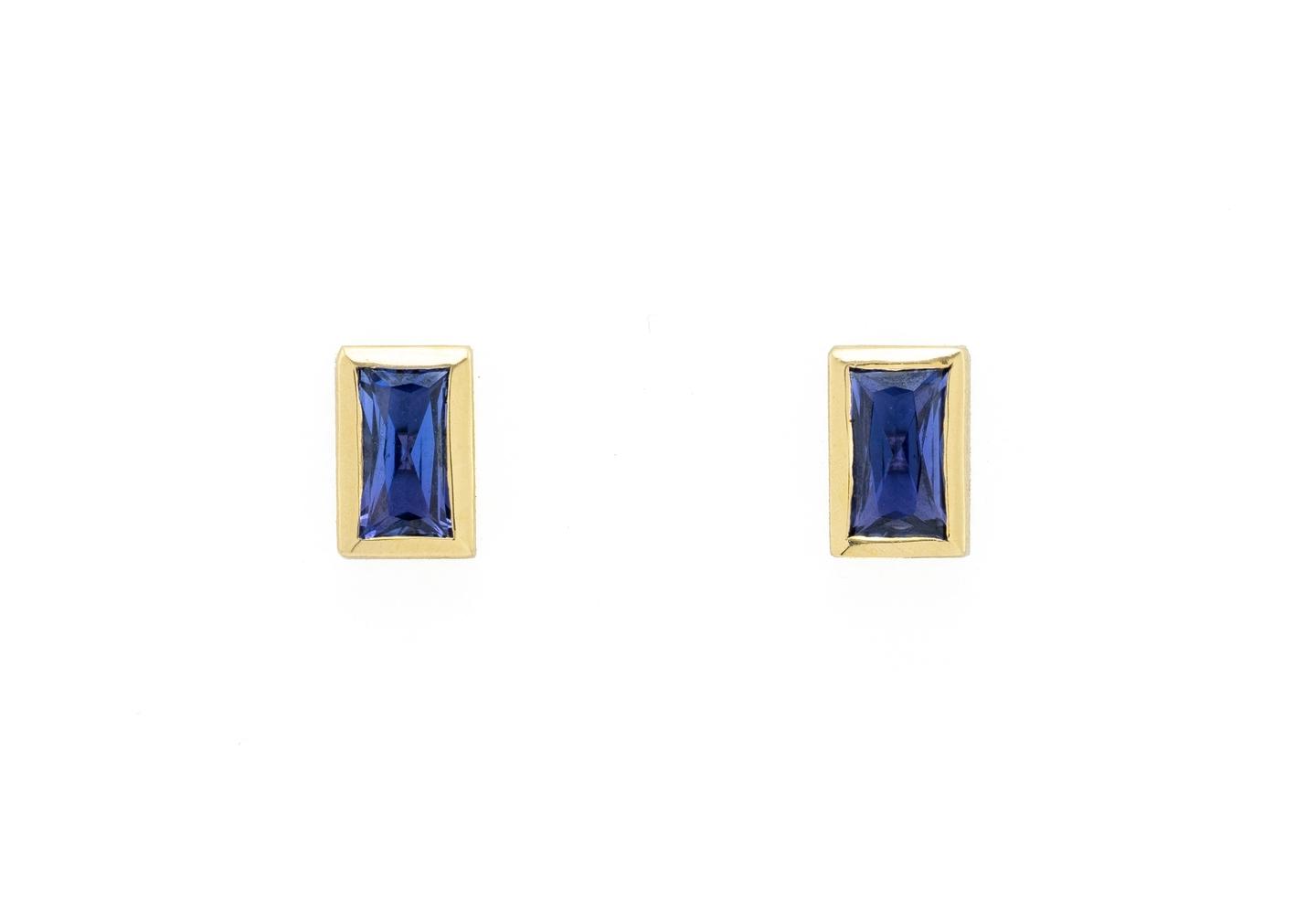 14K Baguette Cut Yogo Sapphire Bezel-Set Stud Earrings
