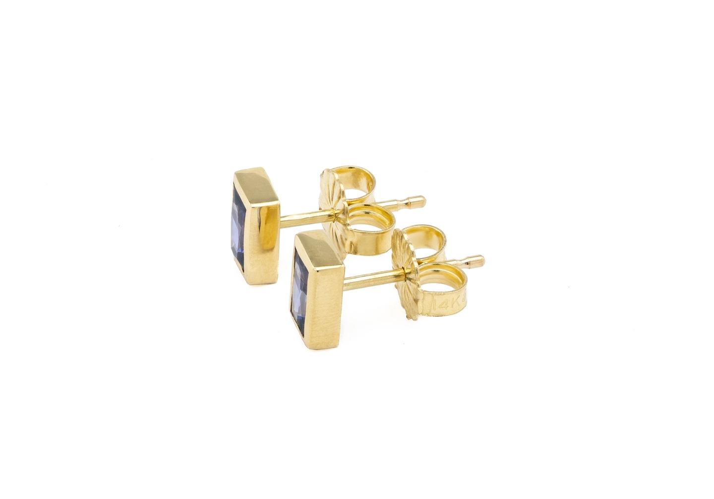 14K Baguette Cut Yogo Sapphire Bezel-Set Stud Earrings