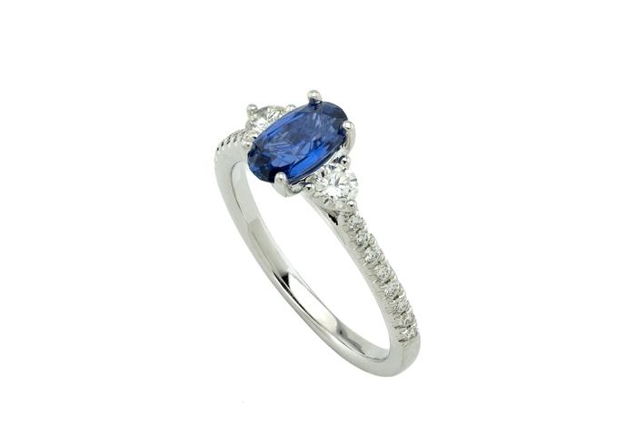 14K 1.03ct Yogo Sapphire and Diamond Three-Stone Ring