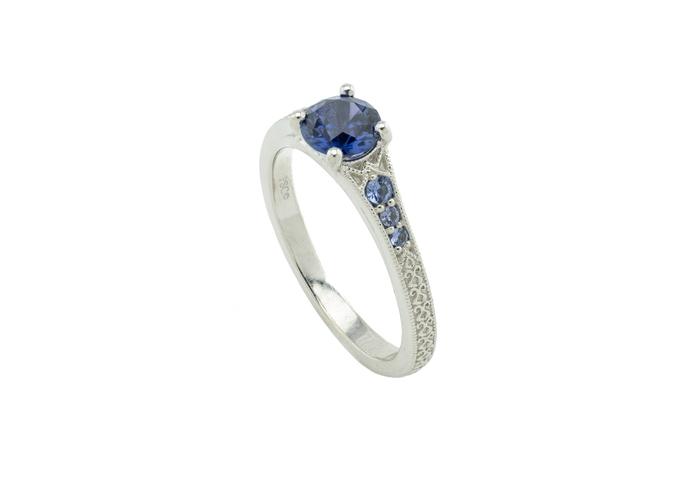 14K 0.80ct Yogo Sapphire and Diamond Filigree Ring