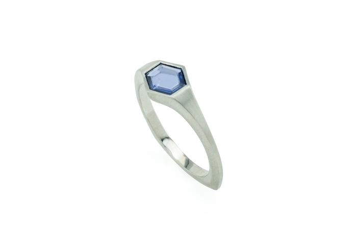 Platinum Aurum Geometric Cut Yogo Sapphire Solitaire Ring