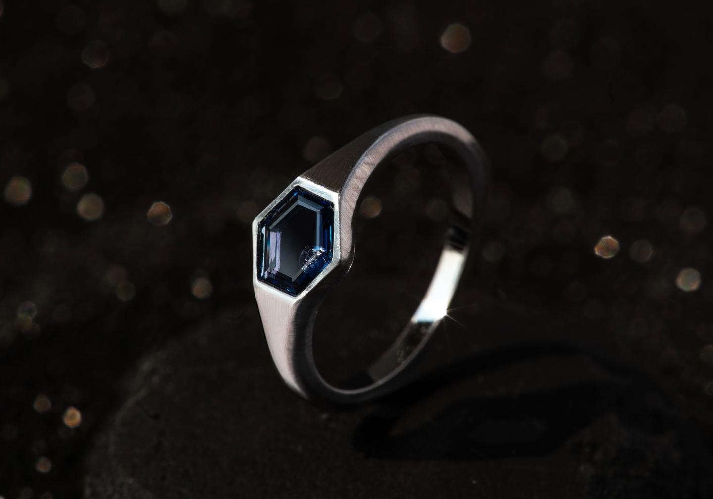 Platinum Aurum Geometric Cut Yogo Sapphire Solitaire Ring