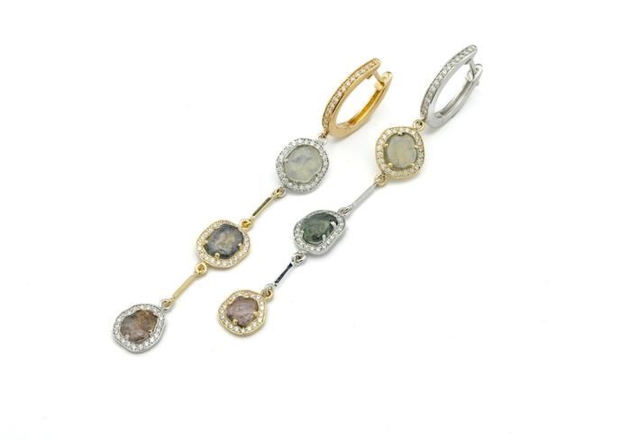 14K Aurum Three Stone Yogo Halo Earrings