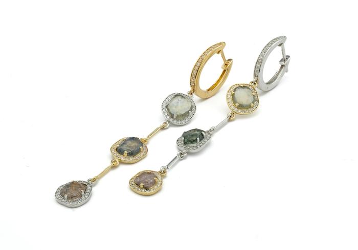 14K Aurum Three Stone Yogo Halo Earrings