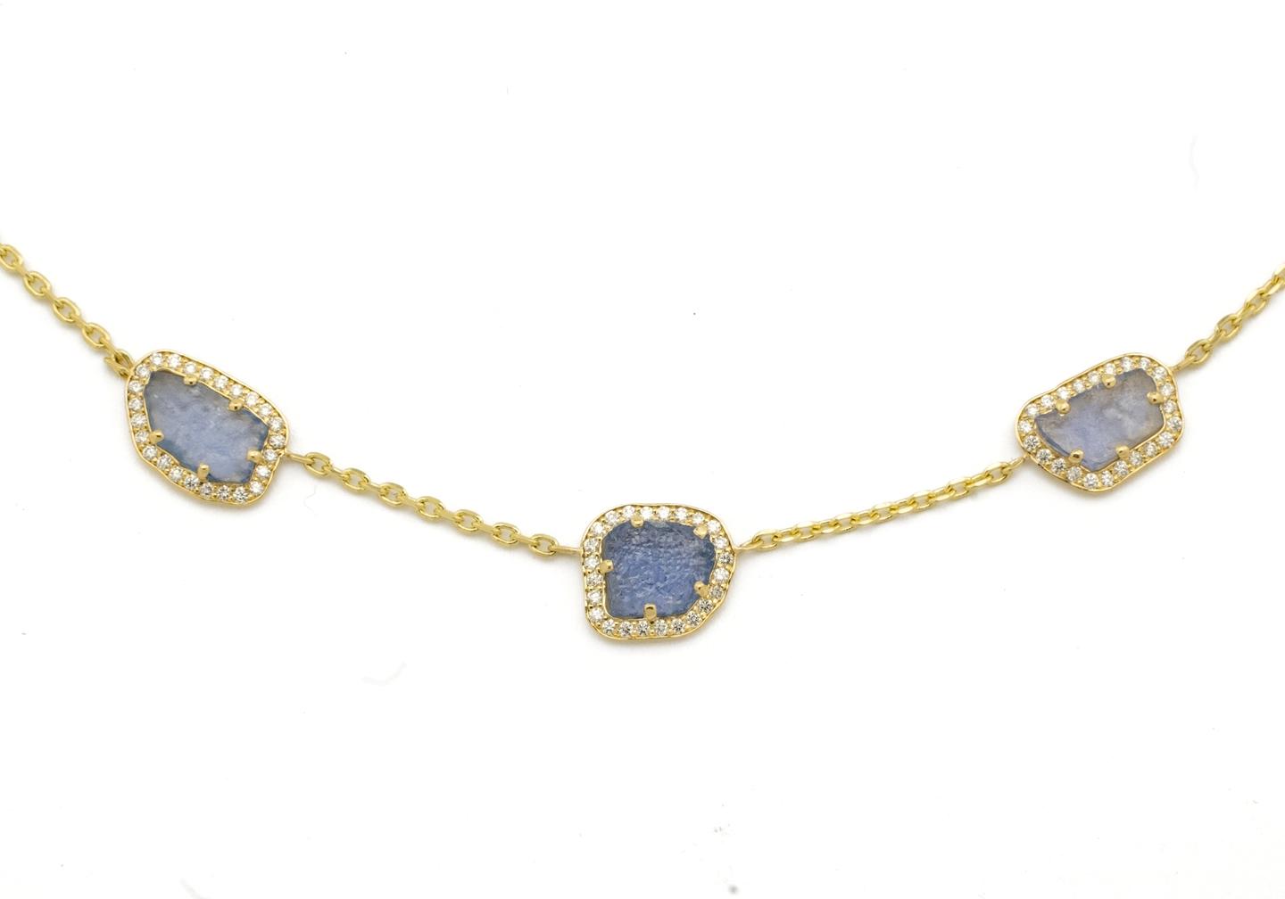 14K Aurum Three Stone Yogo Halo Necklace