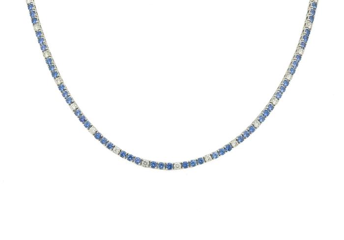 14K Yogo Sapphire & Diamond Tennis Necklace