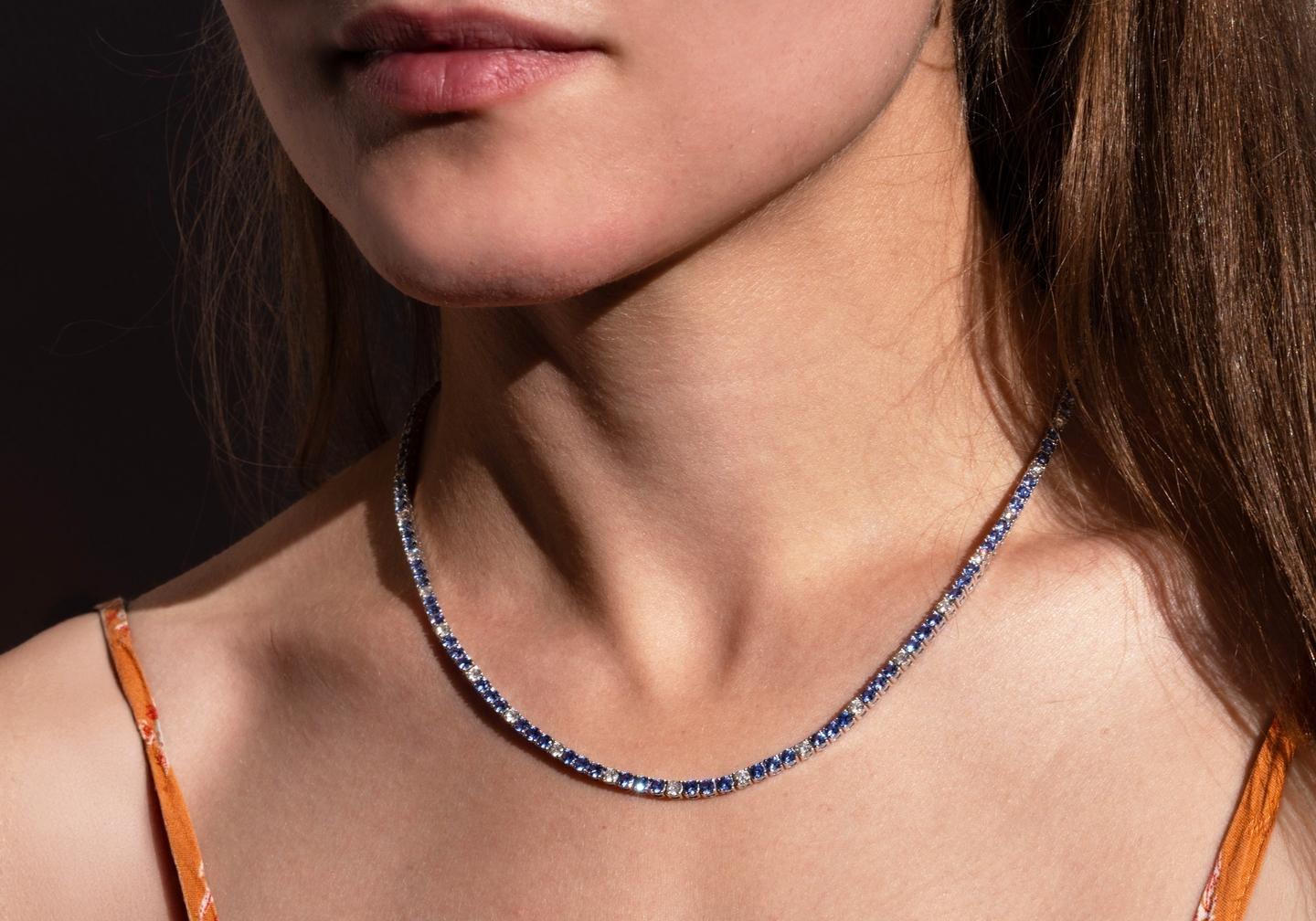 14K Yogo Sapphire & Diamond Tennis Necklace