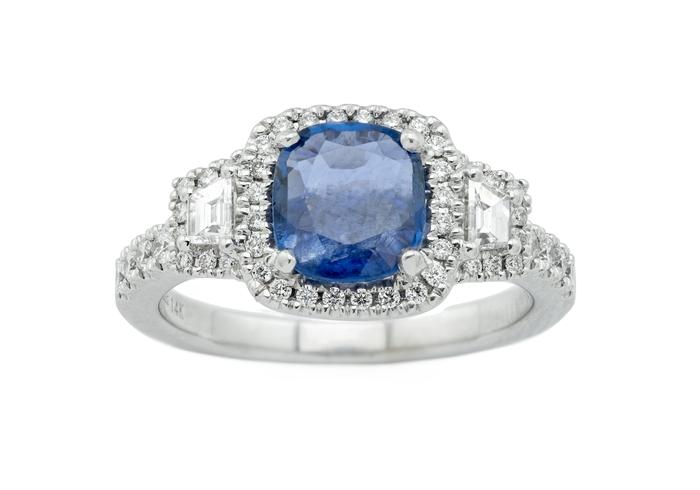 14K Yogo Sapphire Three-Stone Halo Ring