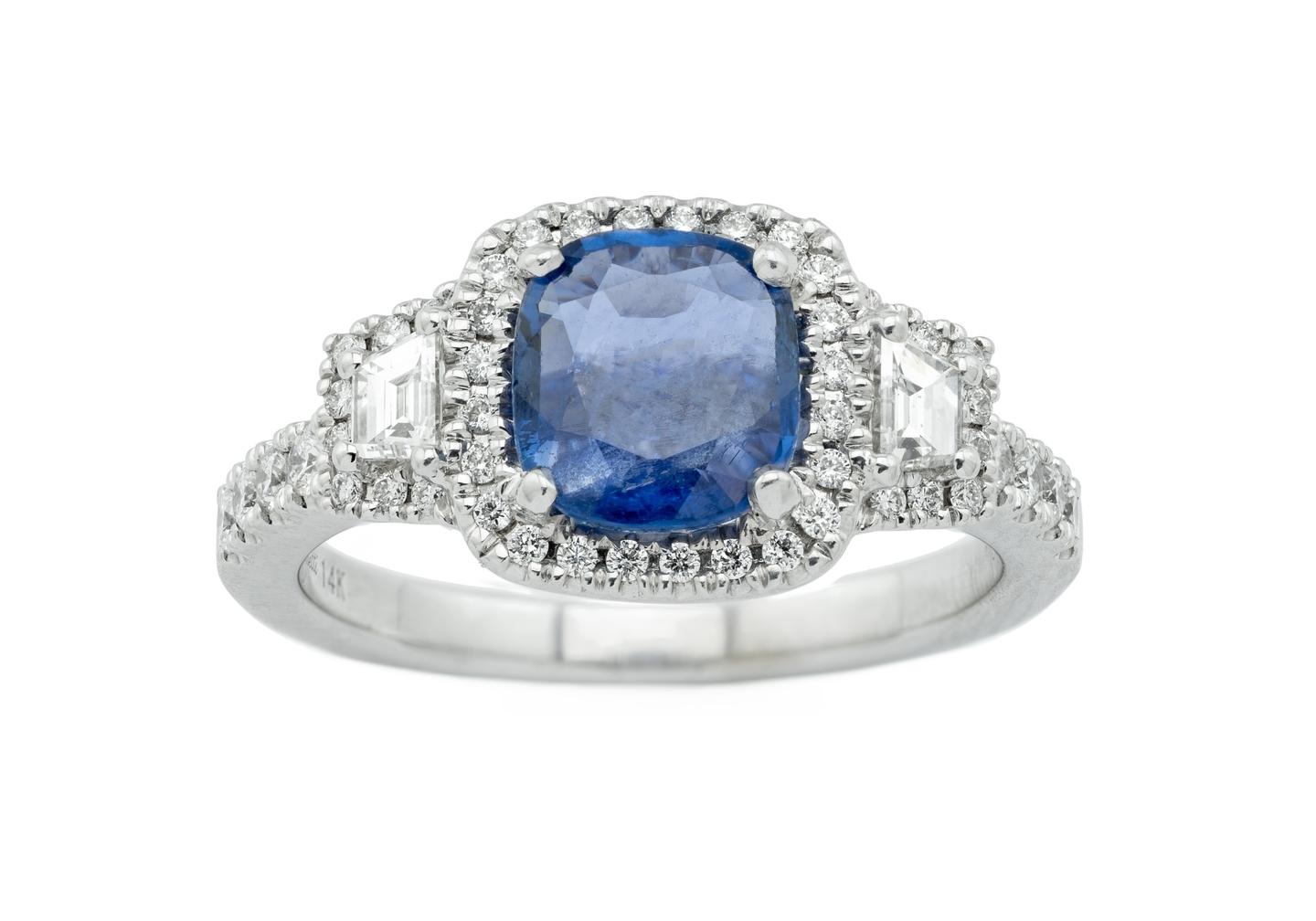 14K Yogo Sapphire Three-Stone Halo Ring
