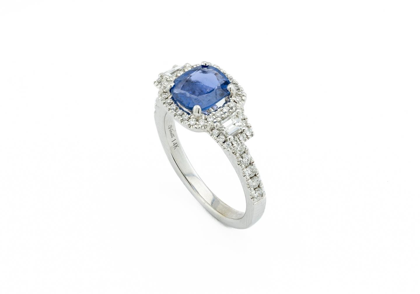 14K Yogo Sapphire Three-Stone Halo Ring