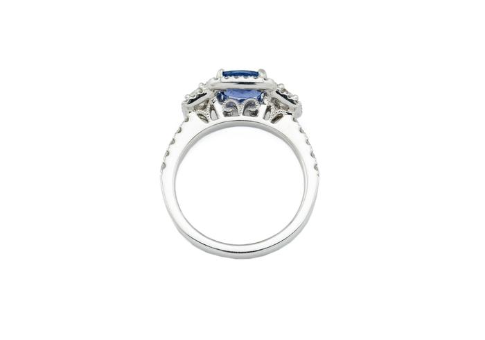 14K Yogo Sapphire Three-Stone Halo Ring