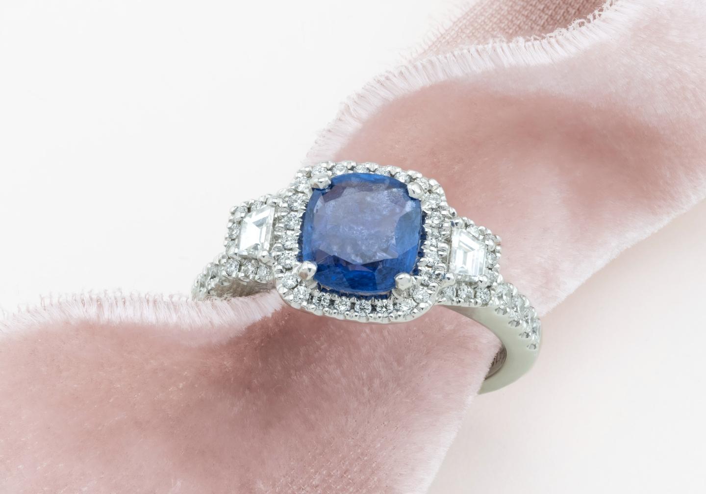 14K Yogo Sapphire Three-Stone Halo Ring