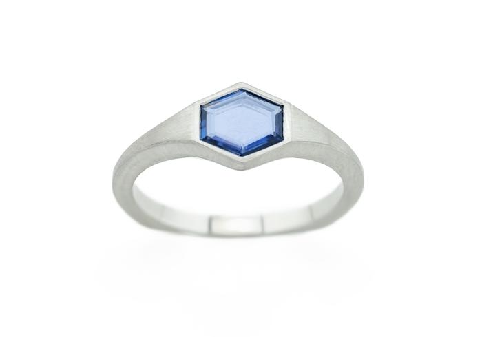 Platinum Aurum Geometric Cut Yogo Sapphire Solitaire Ring