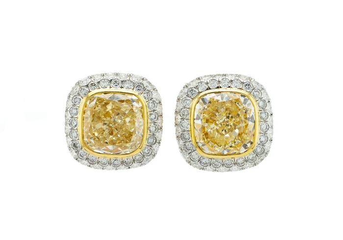 18K Two-Tone 6.14ctw Yellow Diamond Halo Earrings
