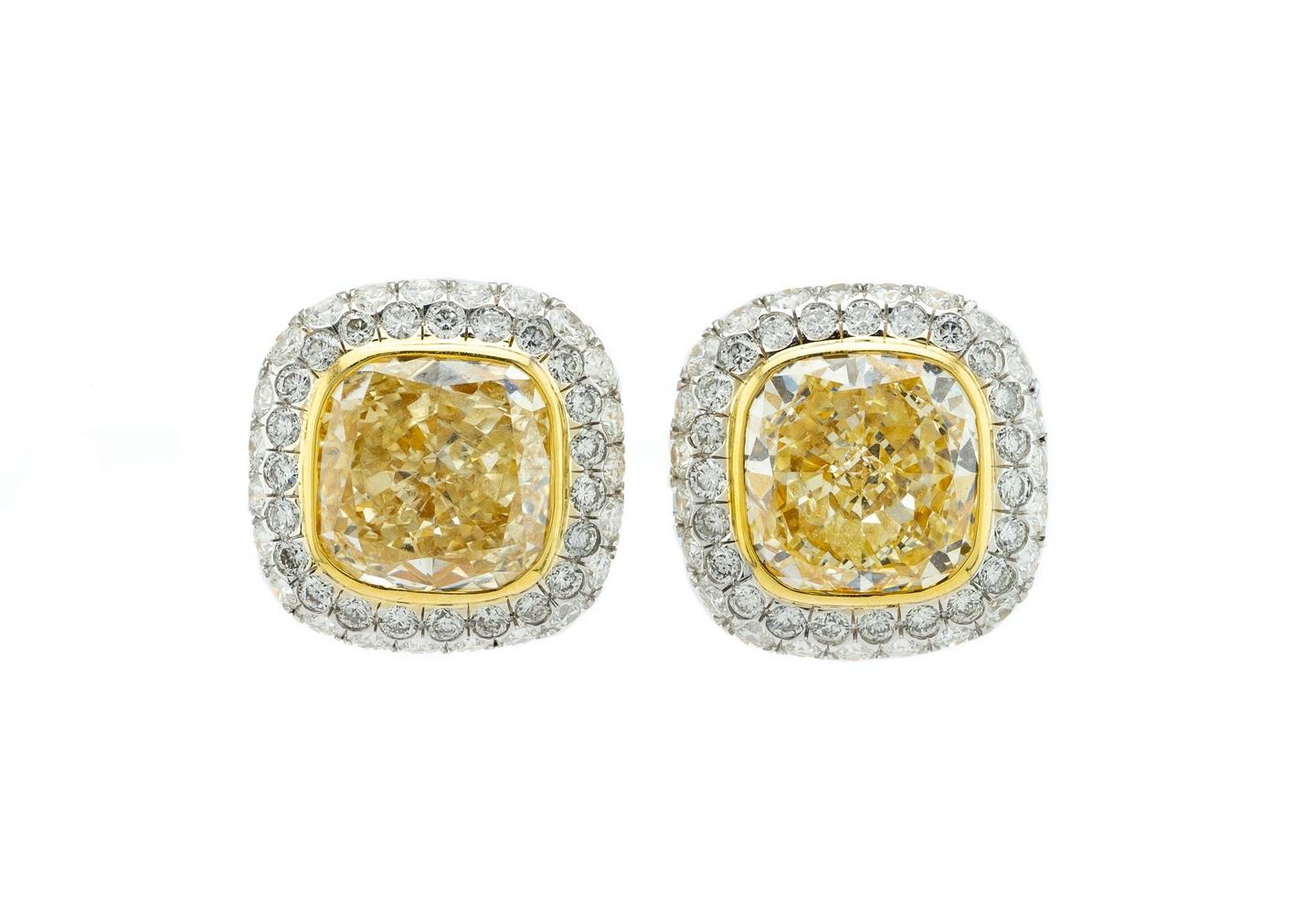 18K Two-Tone 6.14ctw Yellow Diamond Halo Earrings