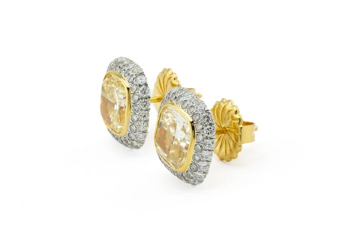 18K Two-Tone 6.14ctw Yellow Diamond Halo Earrings