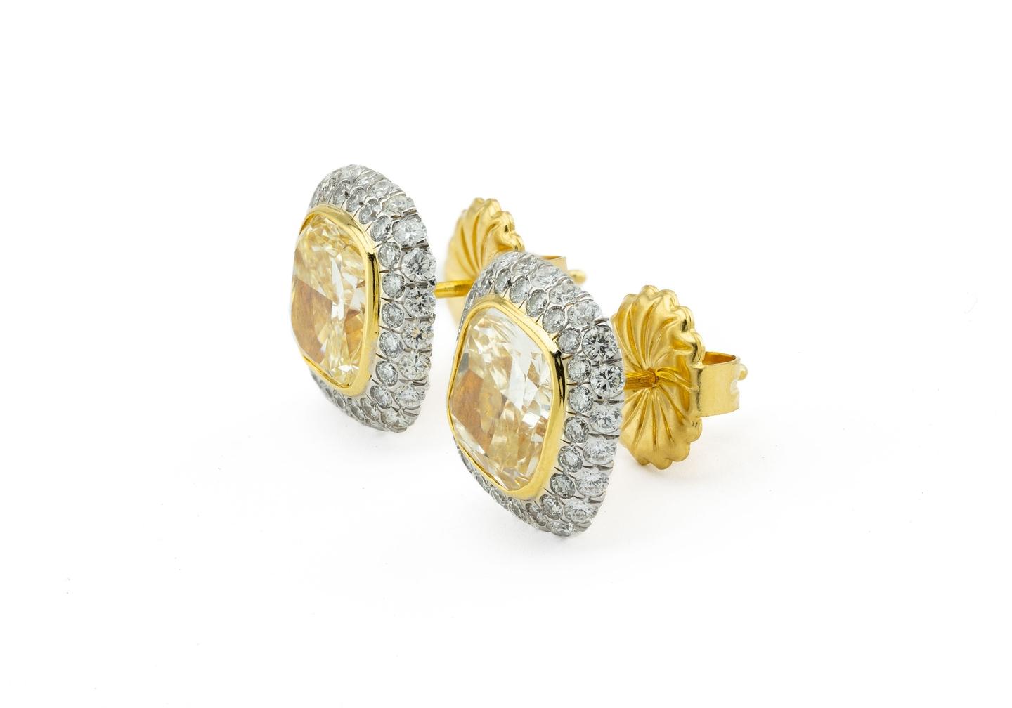 18K Two-Tone 6.14ctw Yellow Diamond Halo Earrings