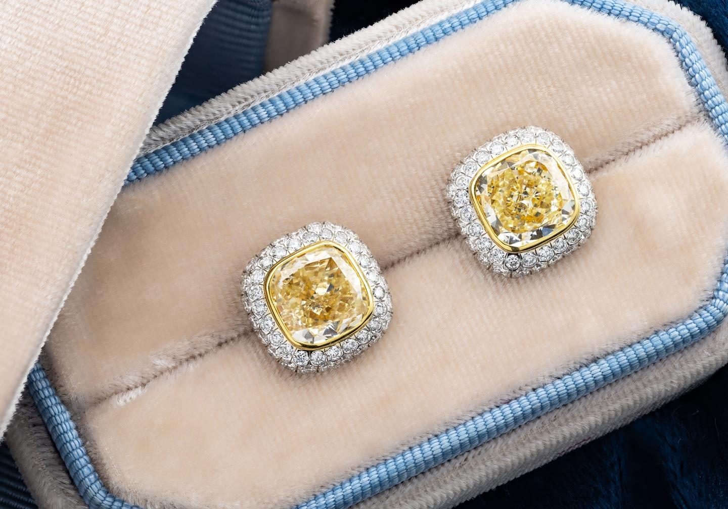 18K Two-Tone 6.14ctw Yellow Diamond Halo Earrings