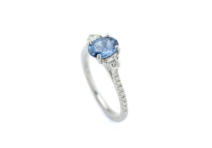 14K 1.17ct Yogo Sapphire and Diamond Three-Stone Ring