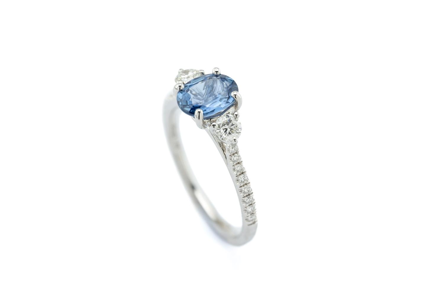 14K 1.17ct Yogo Sapphire and Diamond Three-Stone Ring