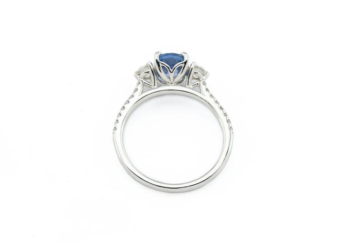 14K 1.17ct Yogo Sapphire and Diamond Three-Stone Ring