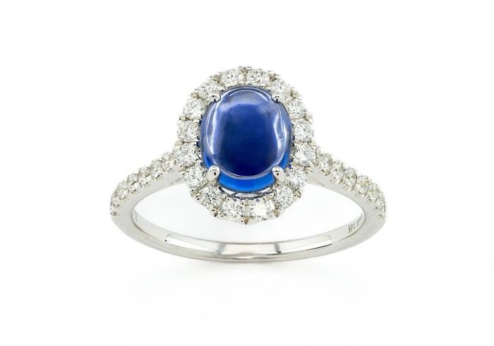 14K Cabochon Yogo Sapphire & Diamond Halo Ring
