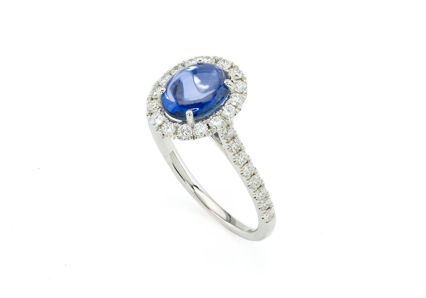 14K Cabochon Yogo Sapphire & Diamond Halo Ring