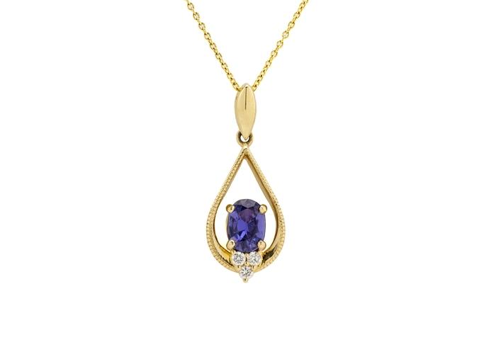 14K Yogo Sapphire & Diamond Teardrop Pendant Necklace