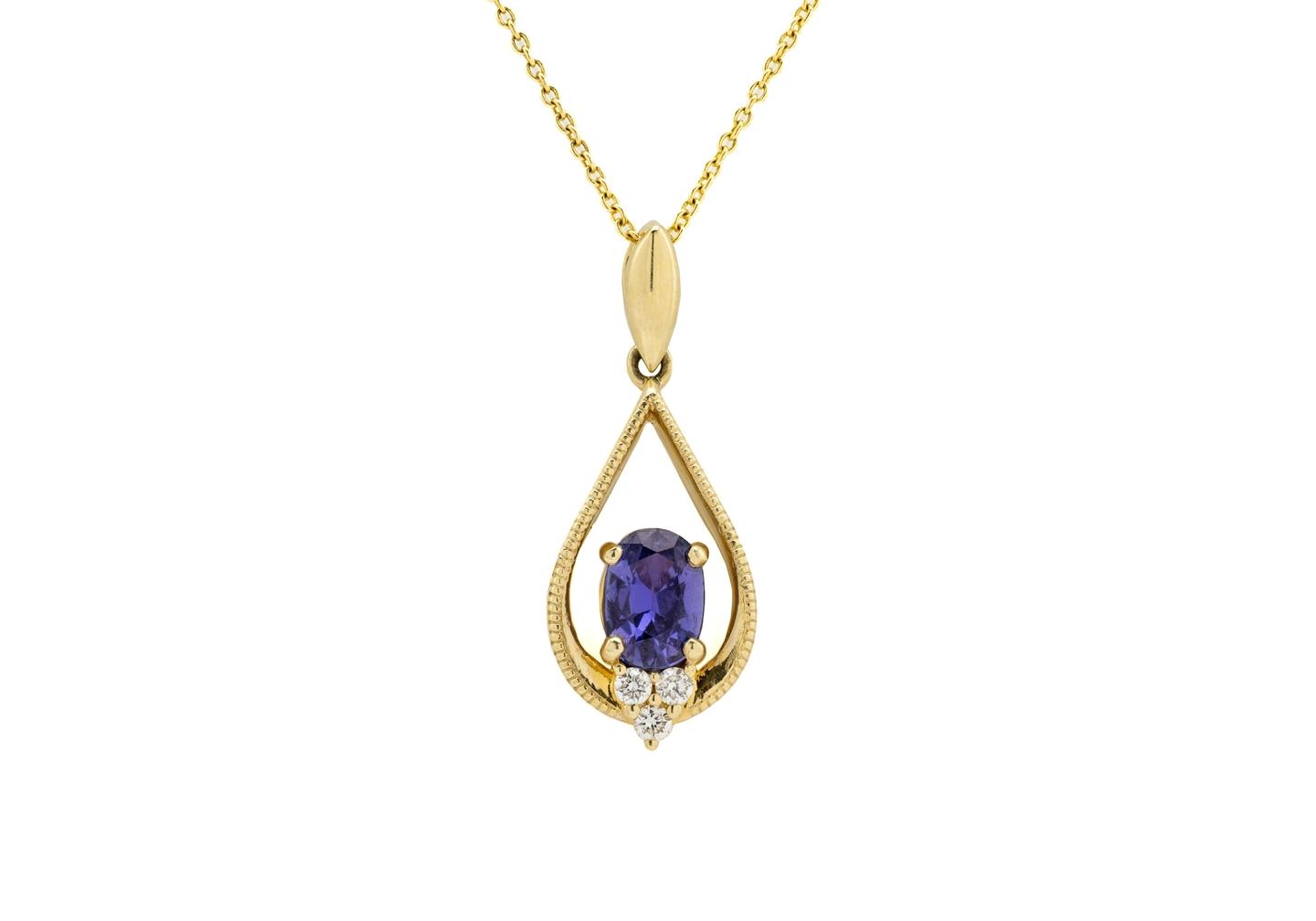 14K Yogo Sapphire & Diamond Teardrop Pendant Necklace