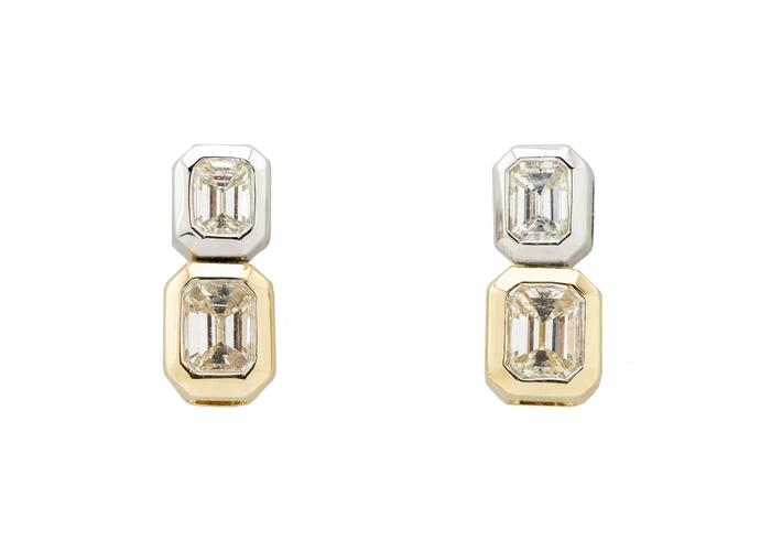14K Emerald Cut Diamond Two-Tone Studs