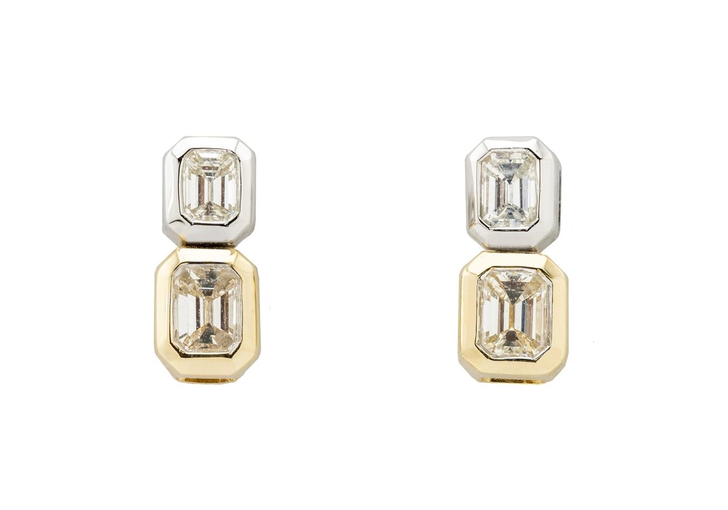 14K Emerald Cut Diamond Two-Tone Studs