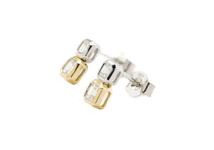 14K Emerald Cut Diamond Two-Tone Studs