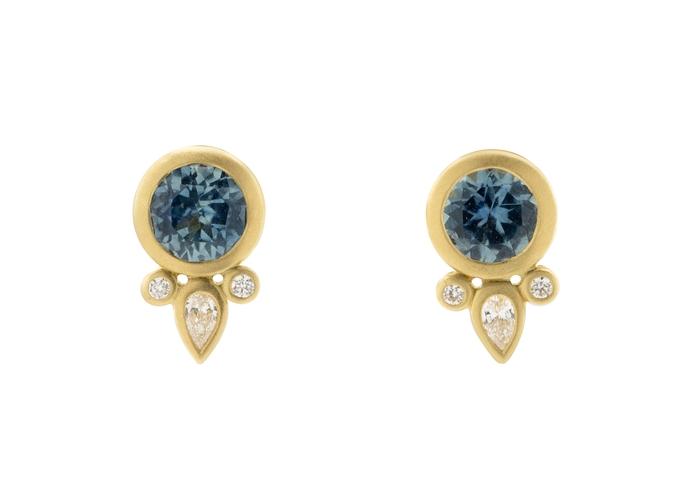 18K Satin Bezel Set Montana Sapphire and Diamond Studs