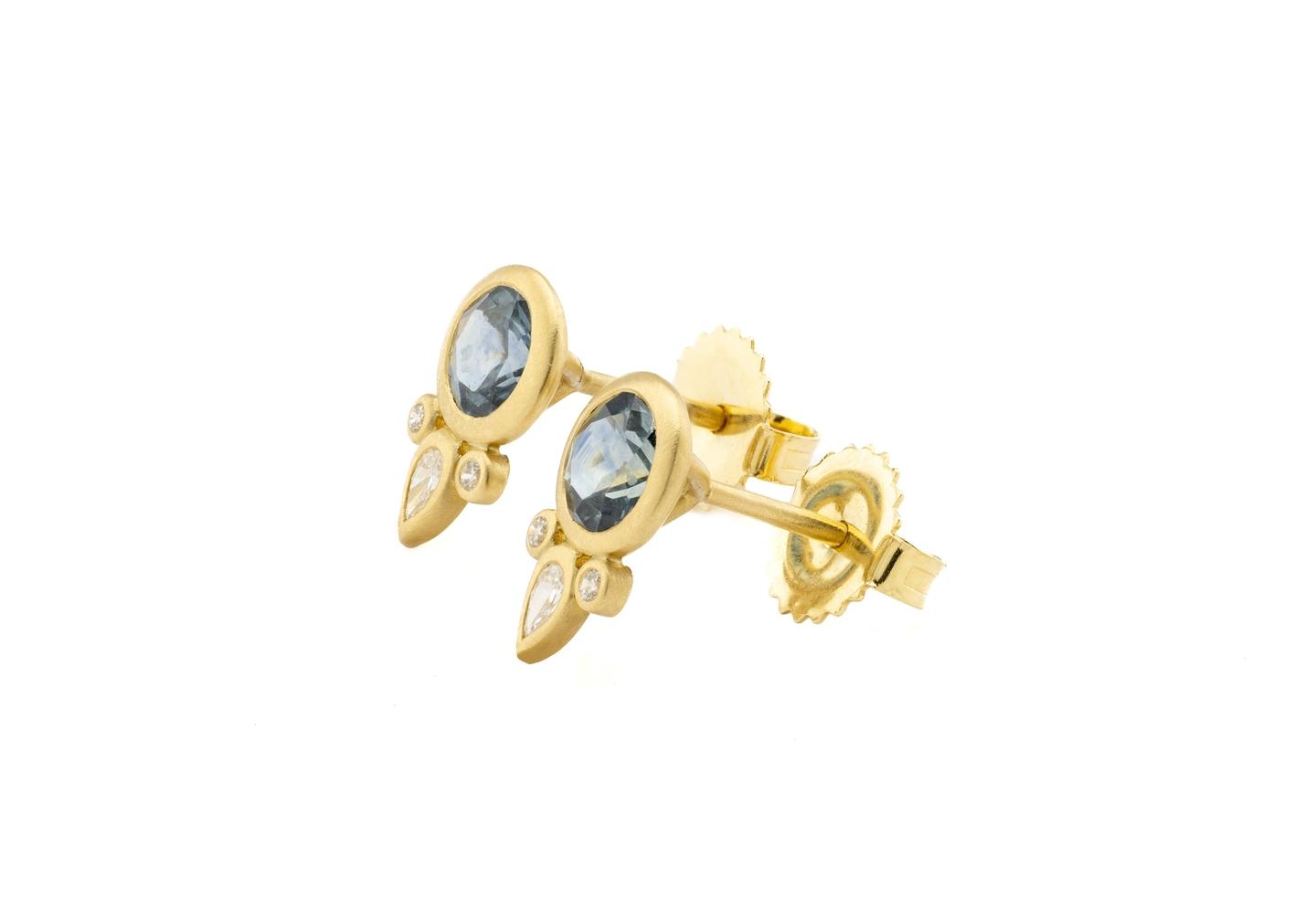 18K Satin Bezel Set Montana Sapphire and Diamond Studs