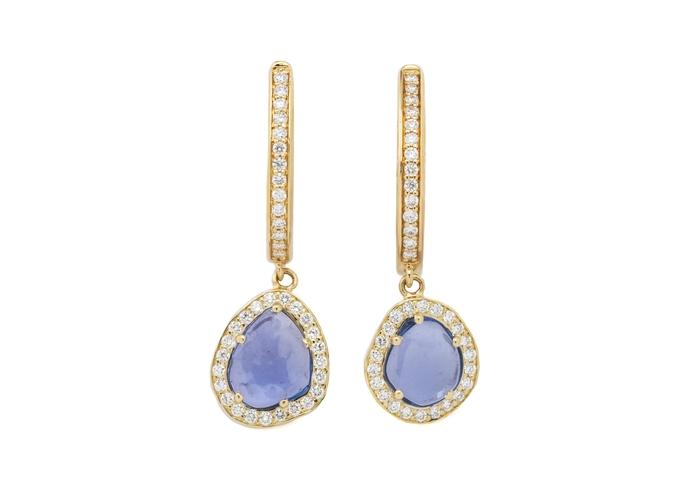 14K Yogo Sapphire & Diamond Halo Hoop Earrings
