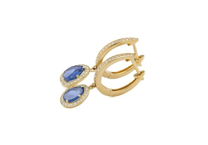 14K Yogo Sapphire & Diamond Halo Hoop Earrings