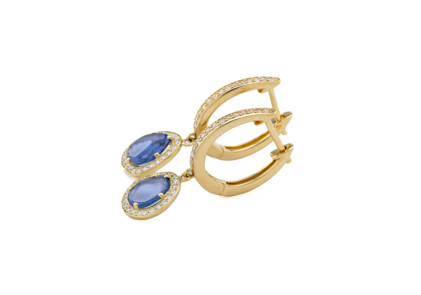 14K Yogo Sapphire & Diamond Halo Hoop Earrings