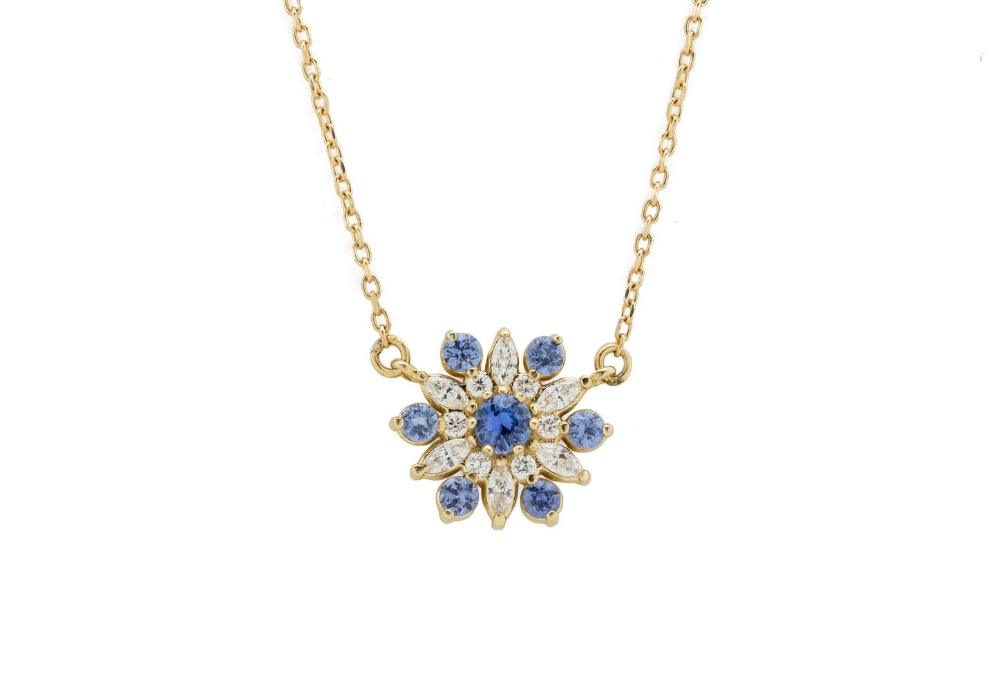 14k Yogo Sapphire & Diamond Flower Necklace