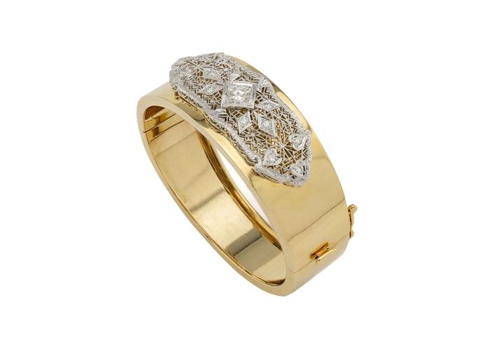 14K Vintage Filigree Diamond Bangle Bracelet