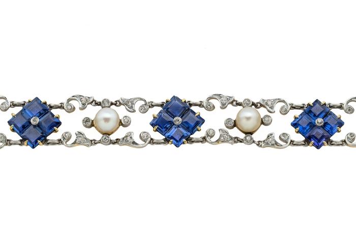 14K Vintage Yogo Sapphire, Diamond, and Pearl Bracelet