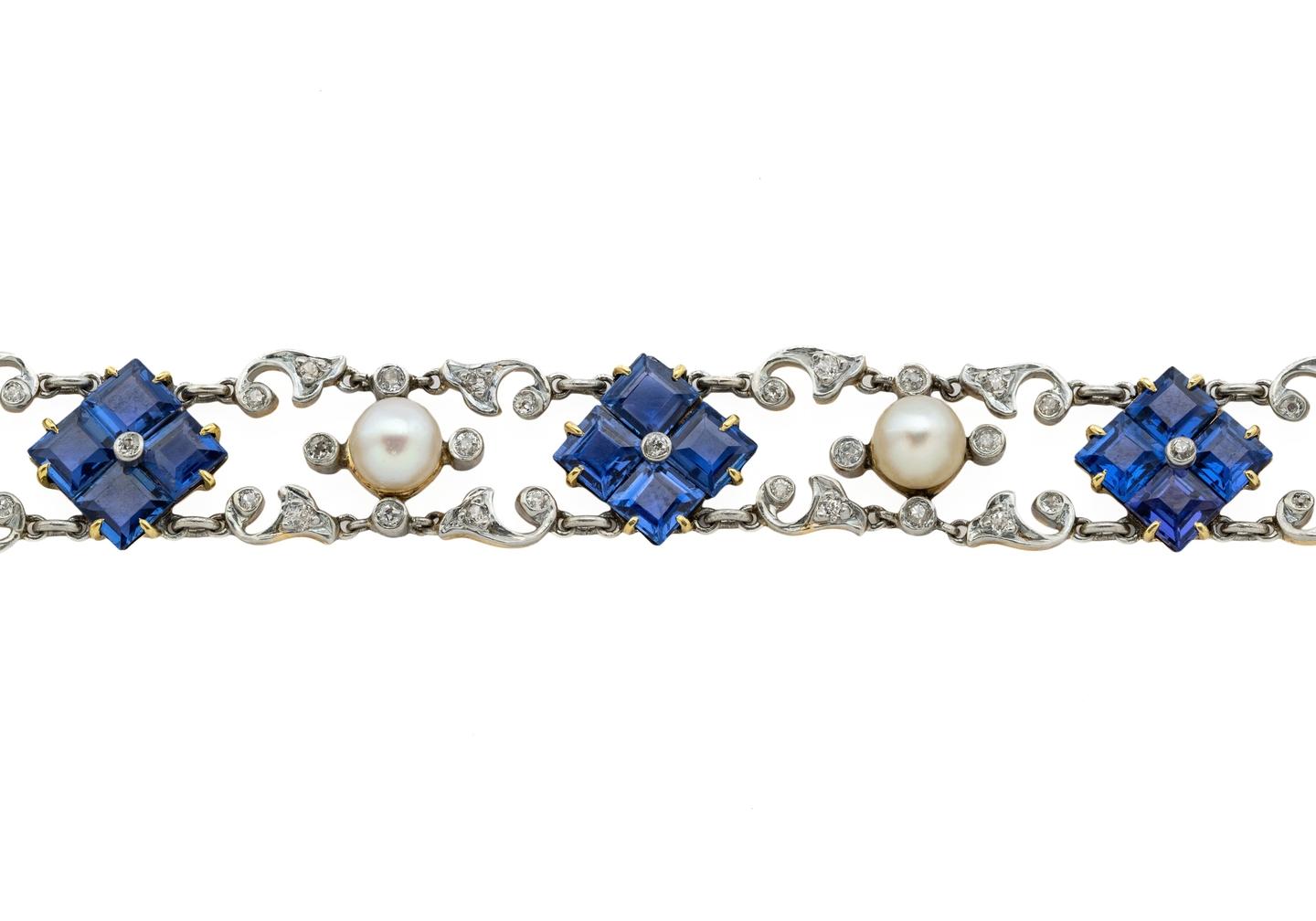 14K Vintage Yogo Sapphire, Diamond, and Pearl Bracelet 