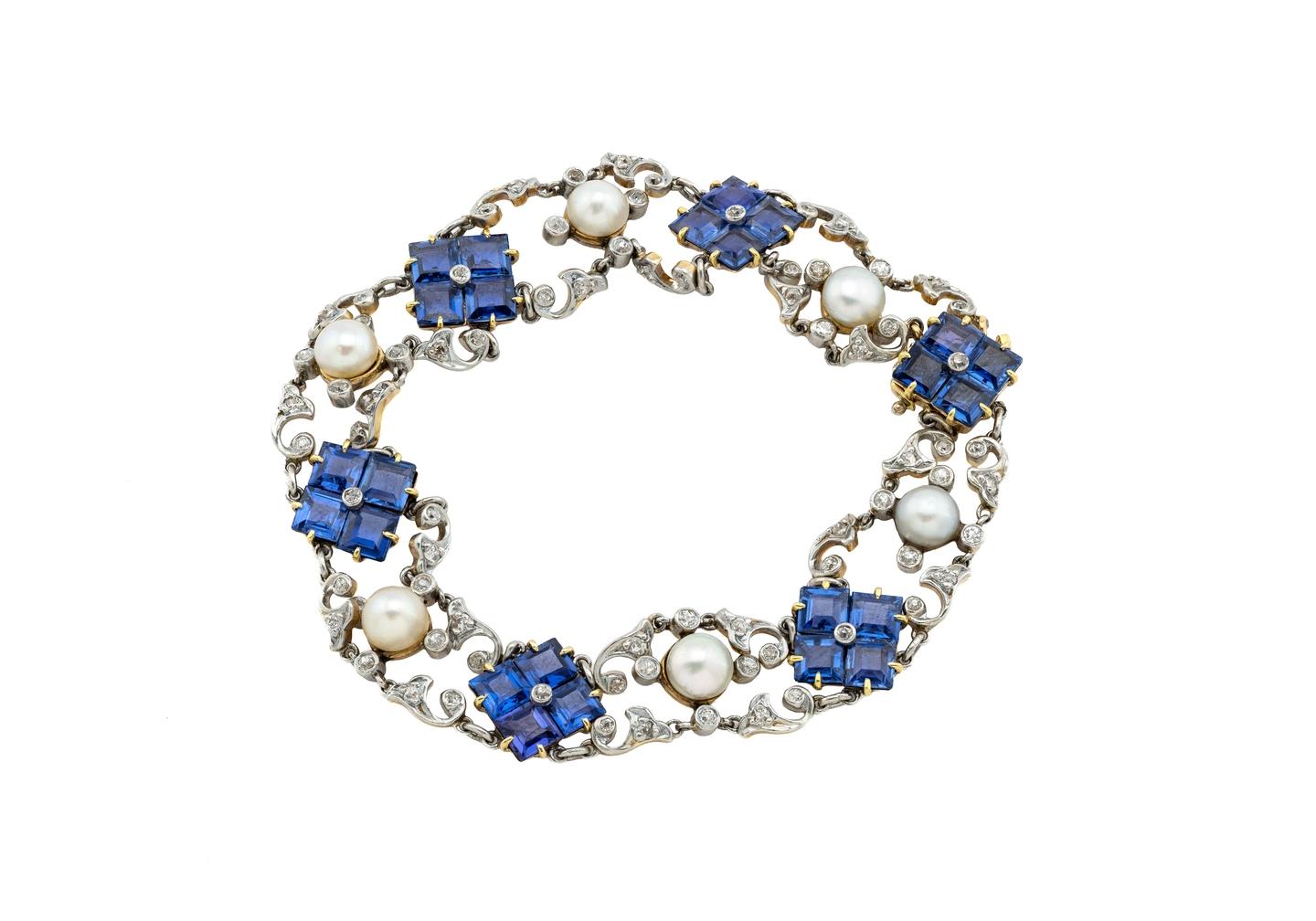 14K Vintage Yogo Sapphire, Diamond, and Pearl Bracelet 