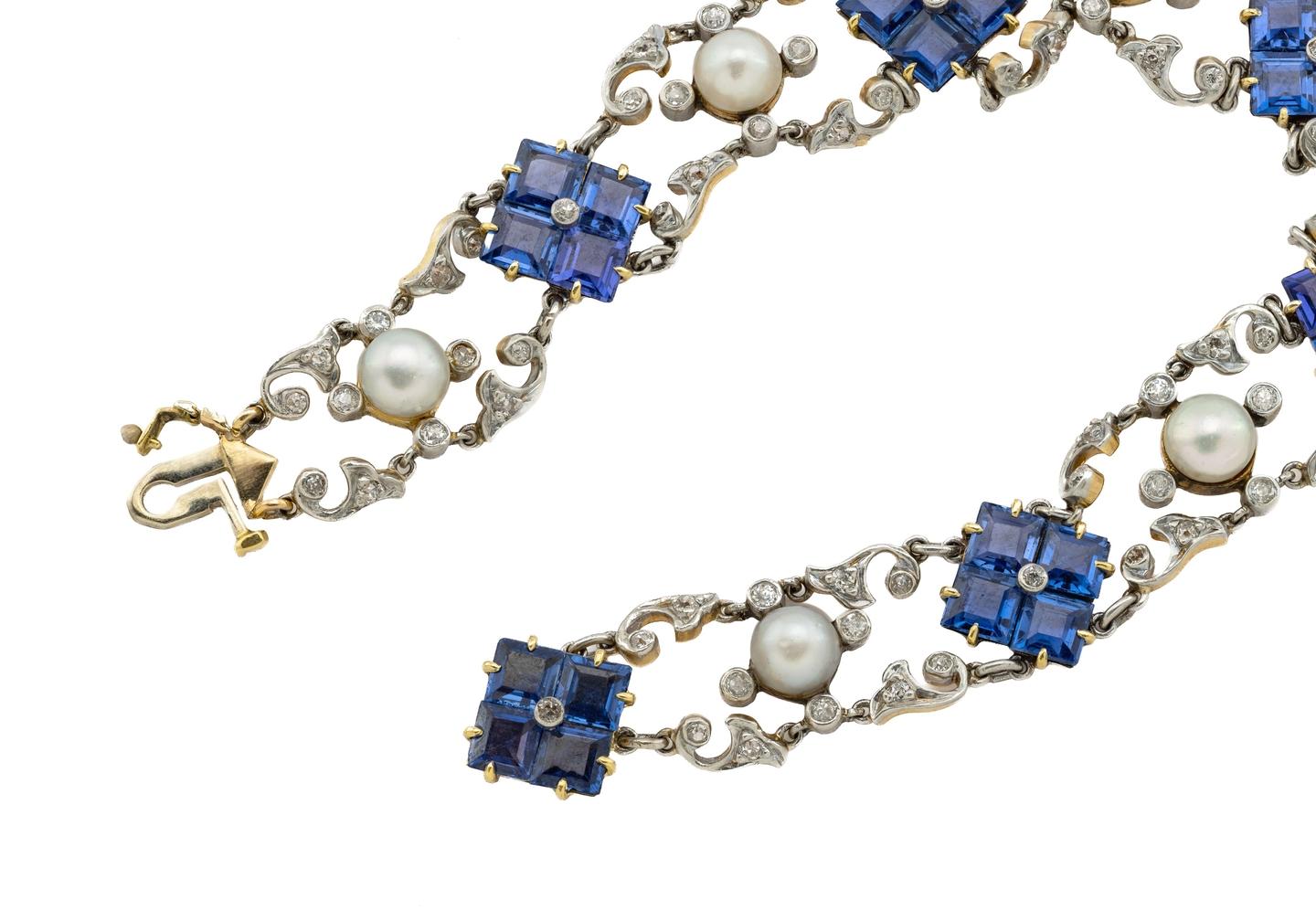 14K Vintage Yogo Sapphire, Diamond, and Pearl Bracelet 