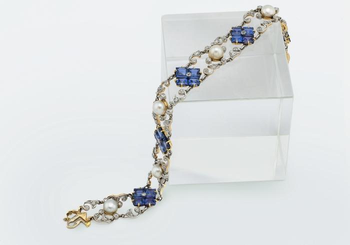 14K Vintage Yogo Sapphire, Diamond, and Pearl Bracelet