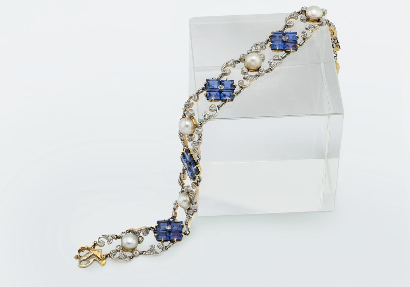 14K Vintage Yogo Sapphire, Diamond, and Pearl Bracelet 