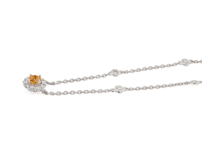14K Montana Sapphire Halo Necklace with Diamond Studded Chain