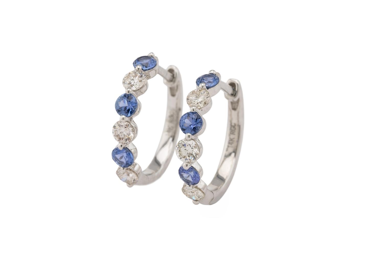14K Yogo Sapphire and Diamond Hoop Earrings