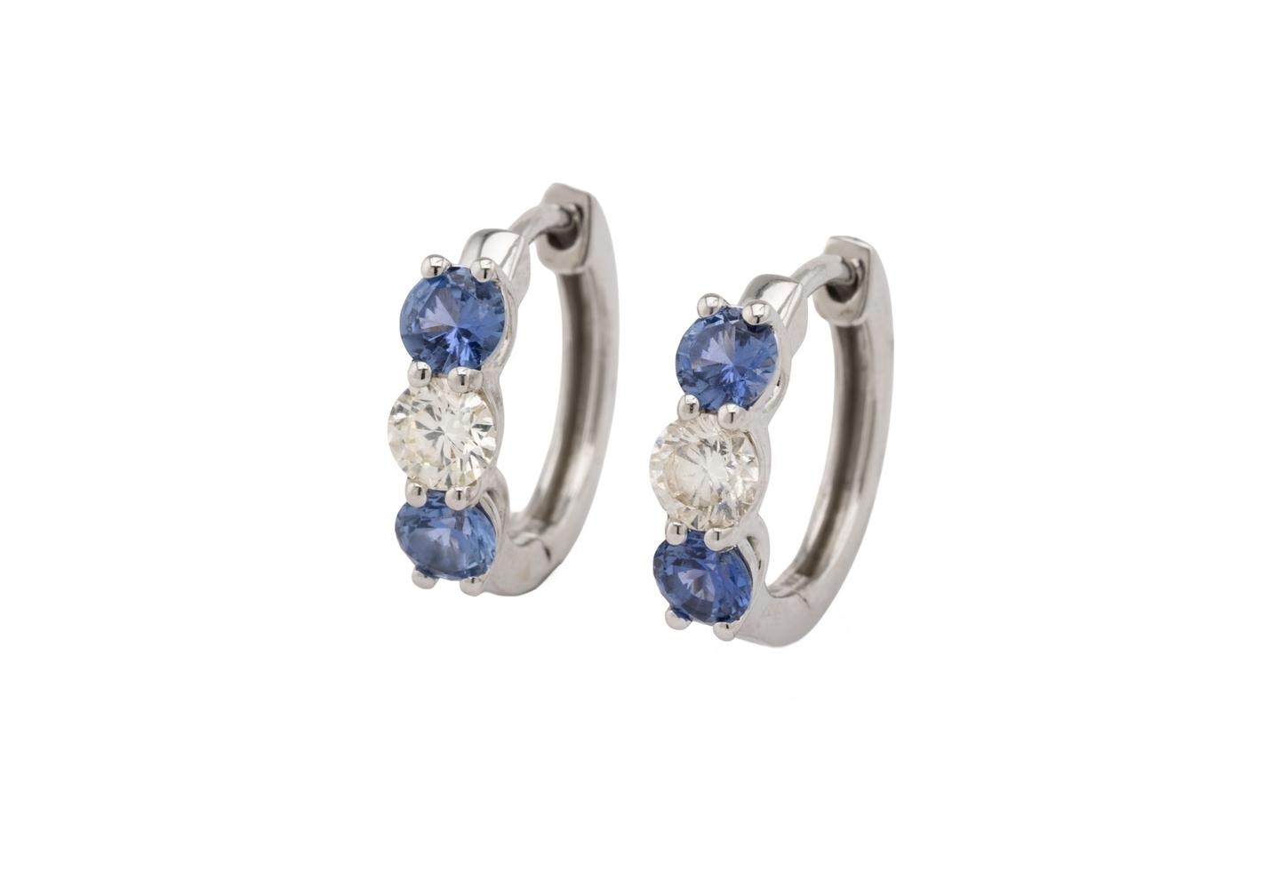 14K Yogo Sapphire and Diamond Huggie Hoop Earrings